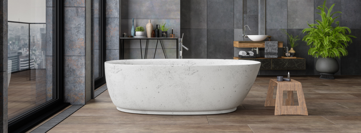 A bathtub in a bathroom.