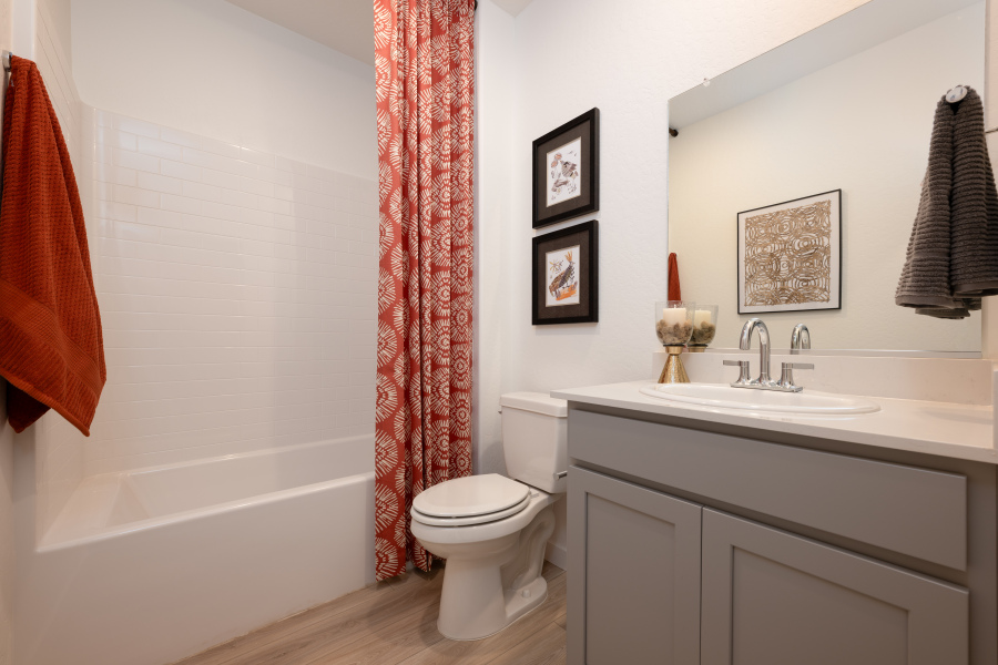 A bathroom with a red curtain.