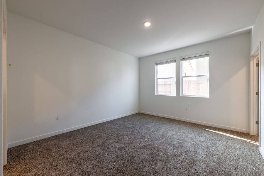 A room with a carpet and windows.