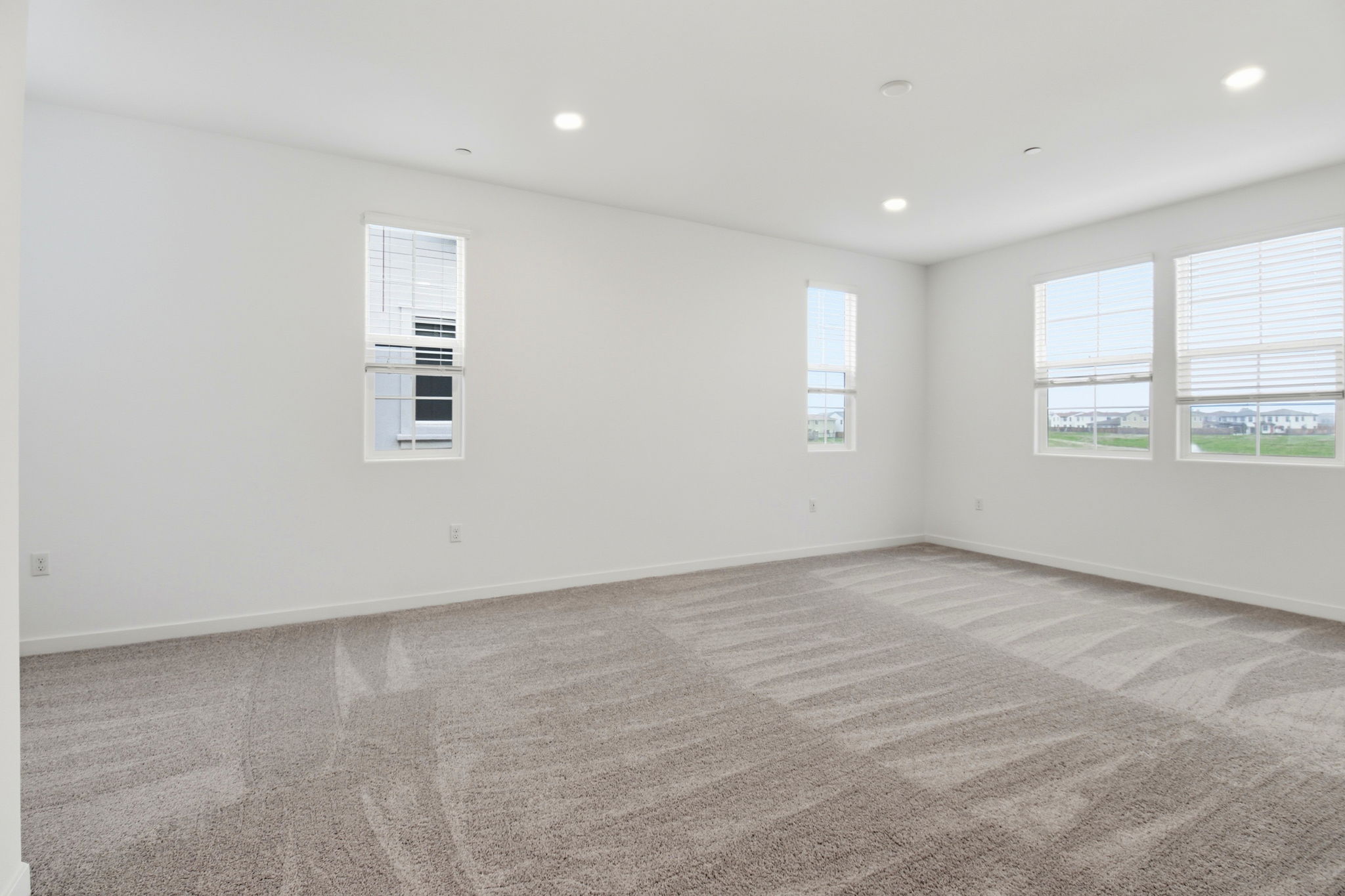 A room with a carpet and windows.