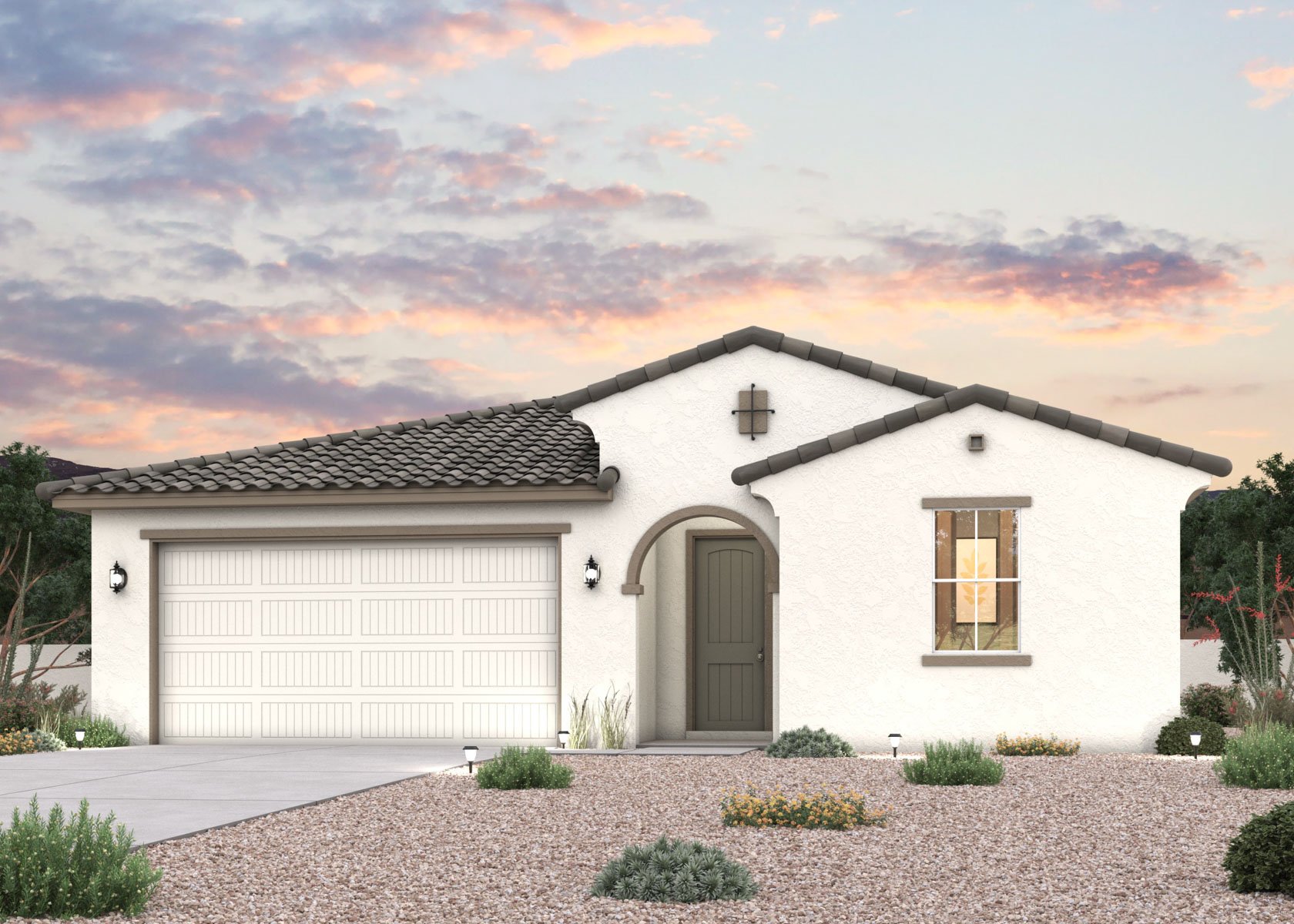 Twilight rendering of front of home with 2 car garage in Surprise, AZ