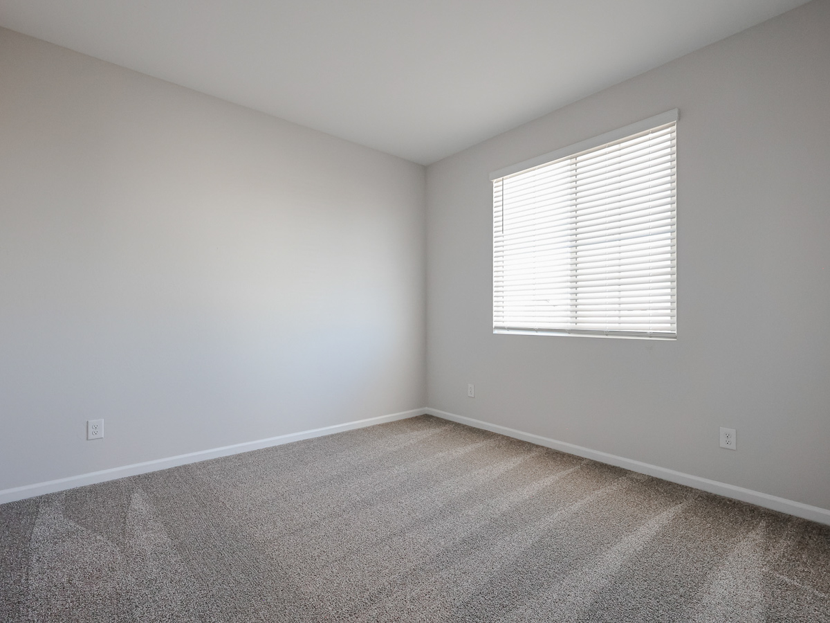 A room with a window and carpet.