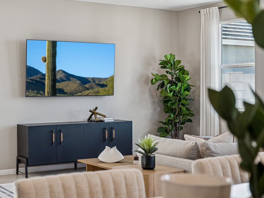 A room with a table and plants.