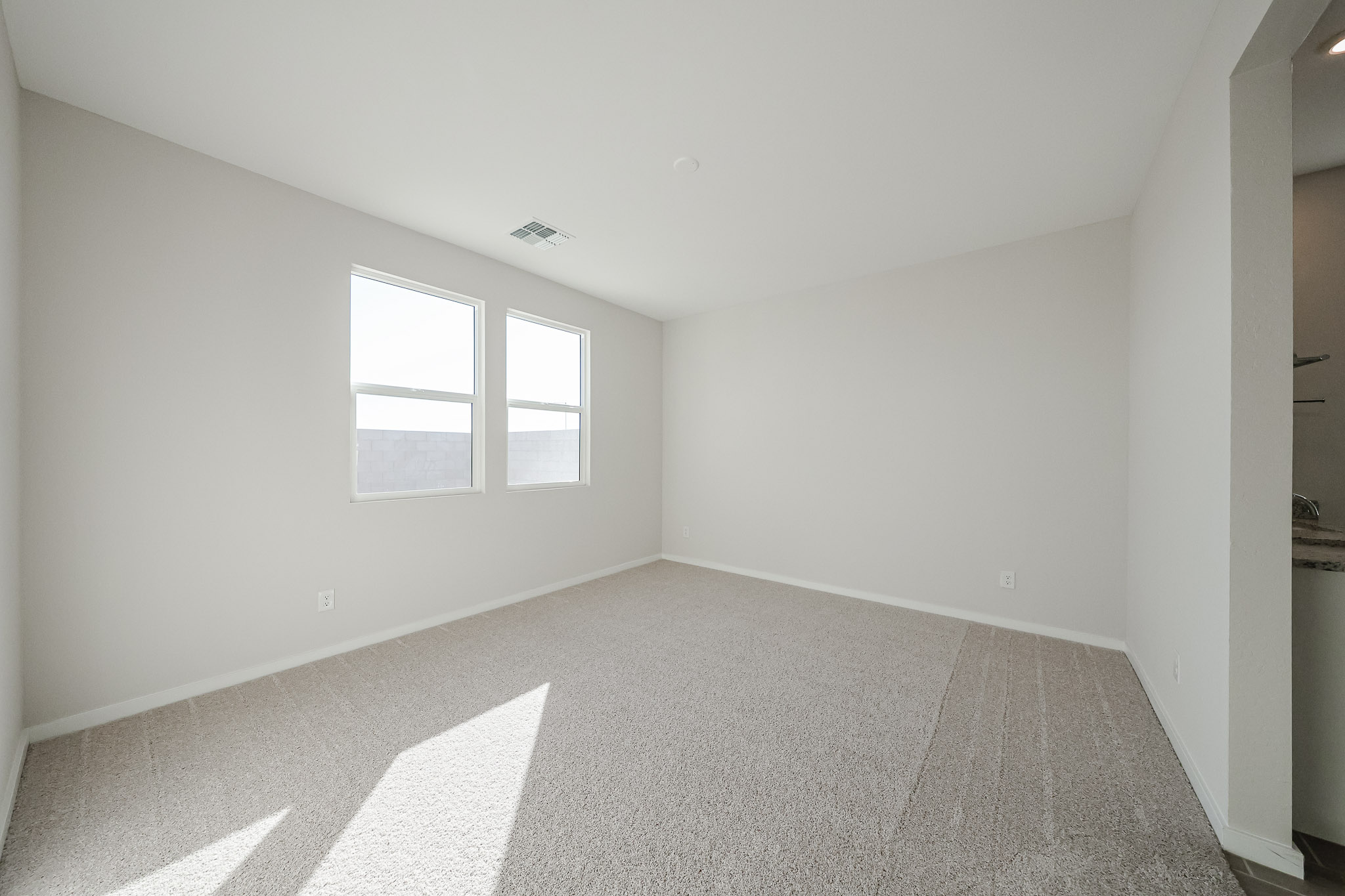 A room with a carpet and windows.
