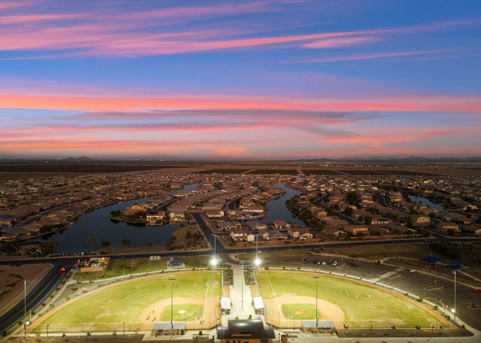 An aerial view of a city.