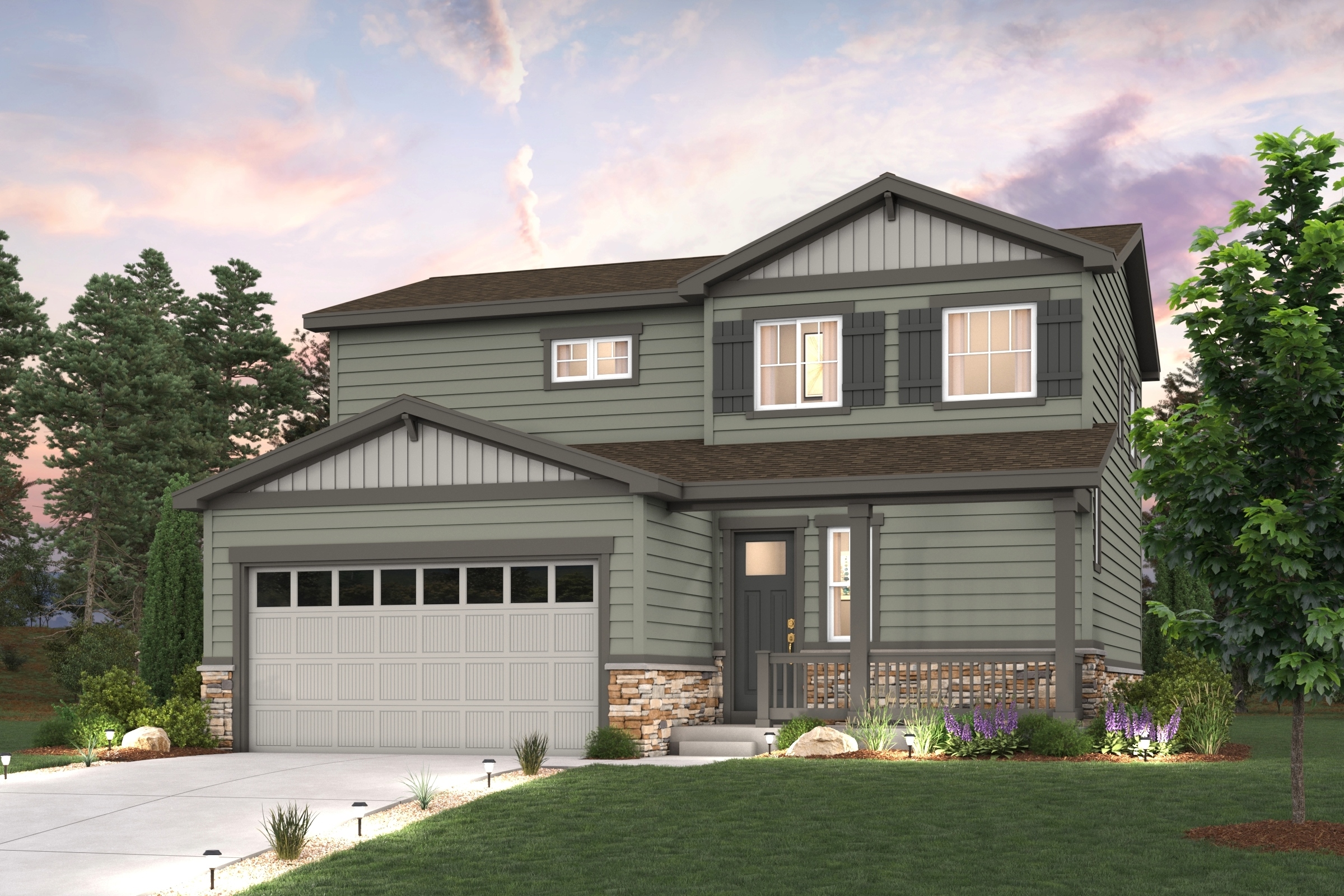 A house with a garage. Hudson Elevation B Rendering