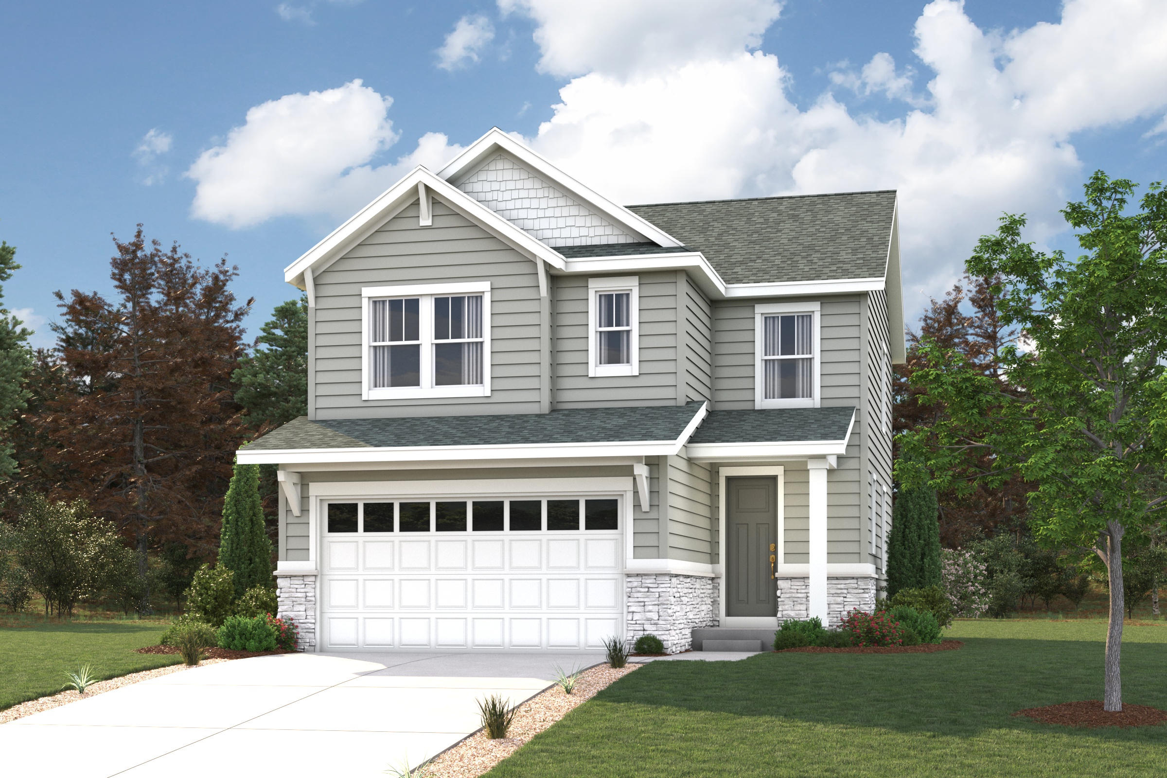 A white house with a garage.