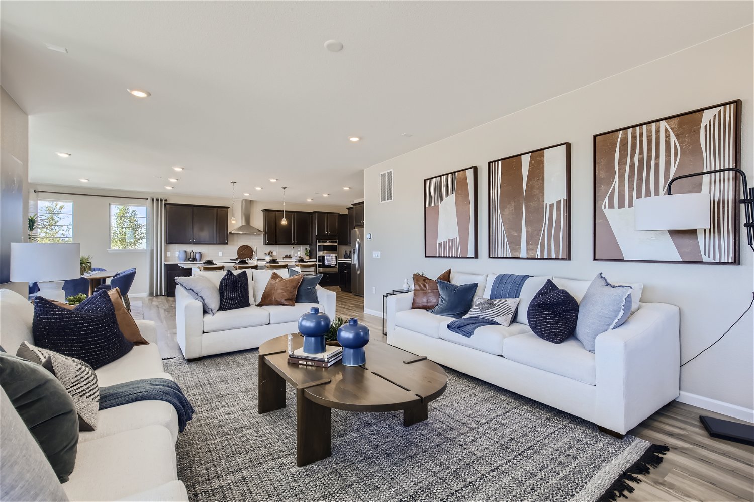 A living room with a couch and a coffee table.
