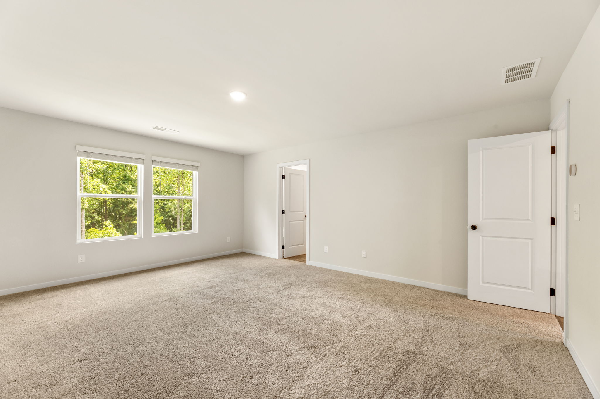 A room with a carpet and a door.