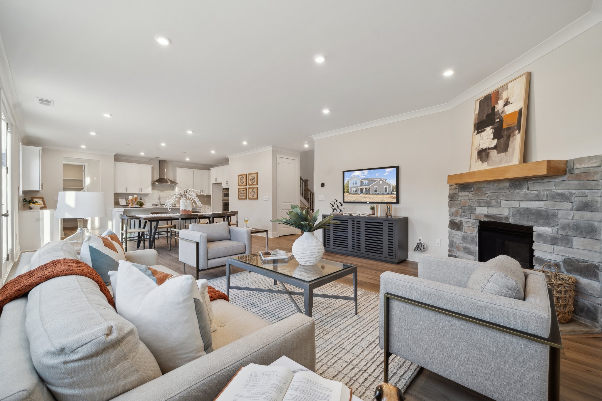 A living room with a fireplace.