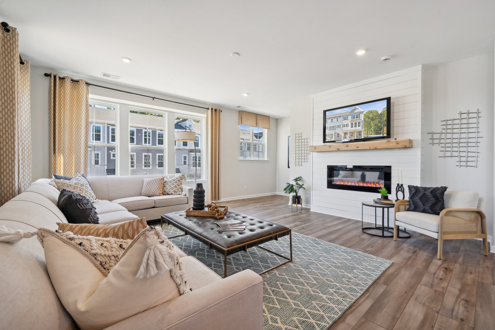 A living room with a fireplace.