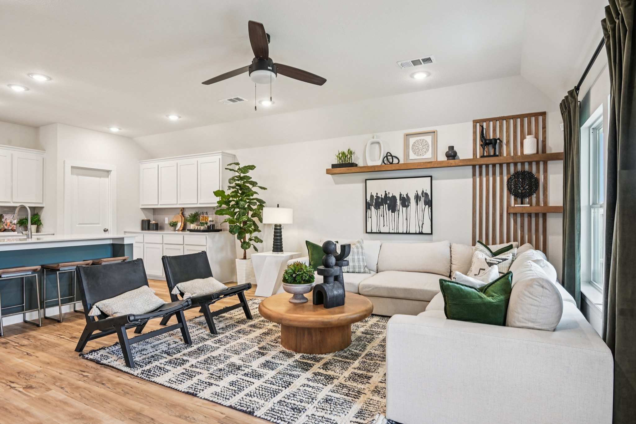 A living room with a large island.