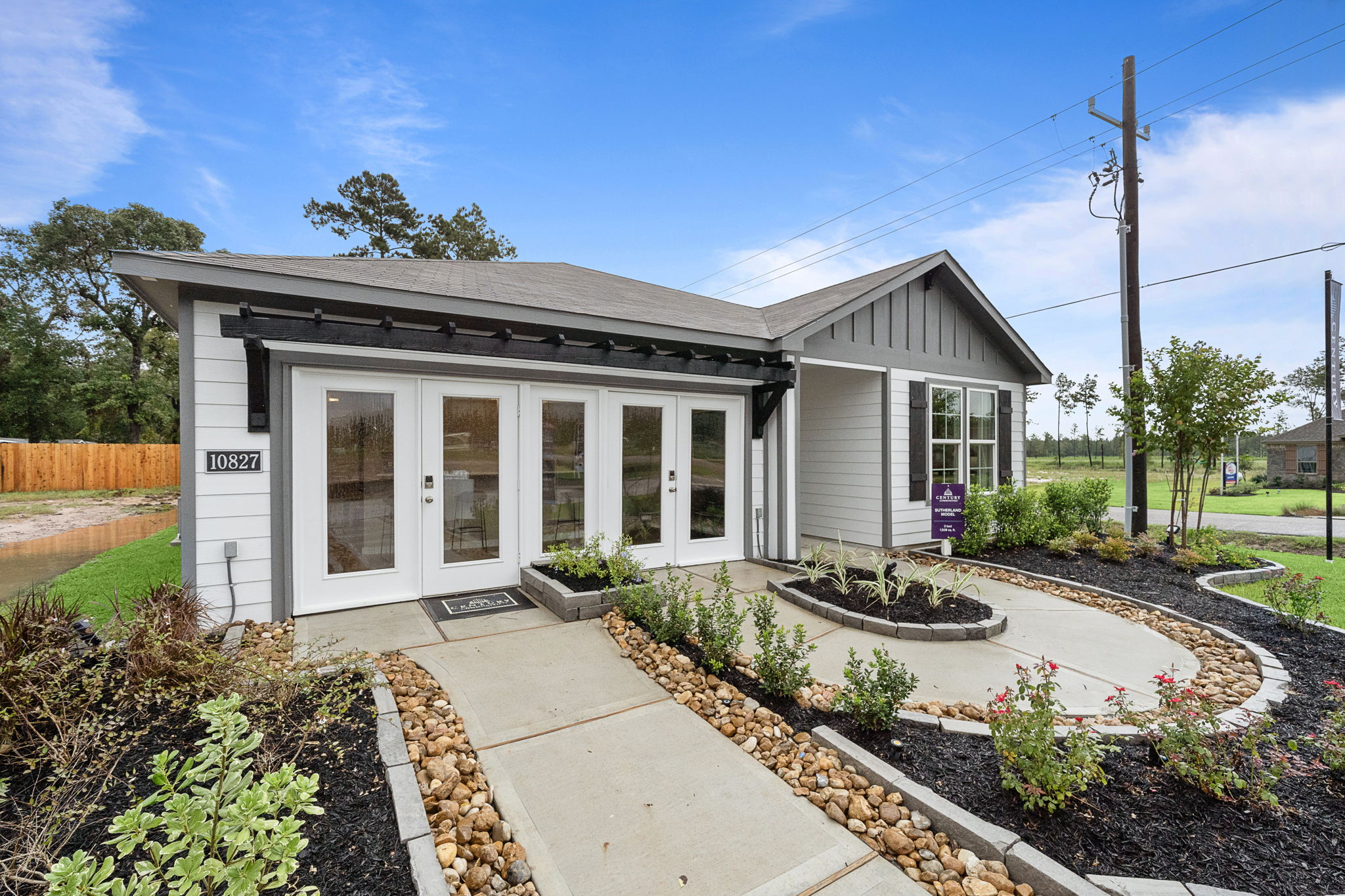 A small white house.