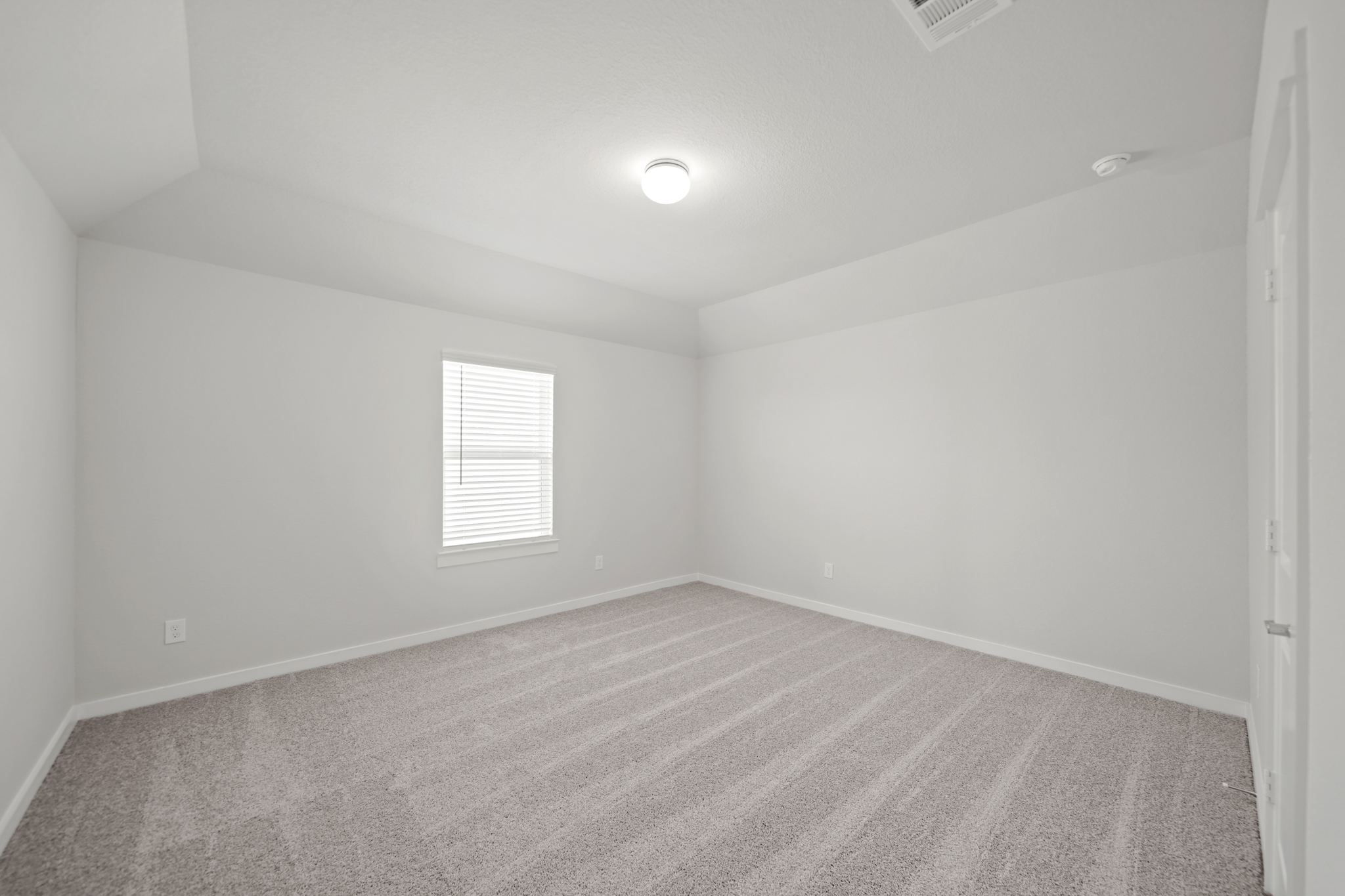A room with a carpet and a light on the ceiling.