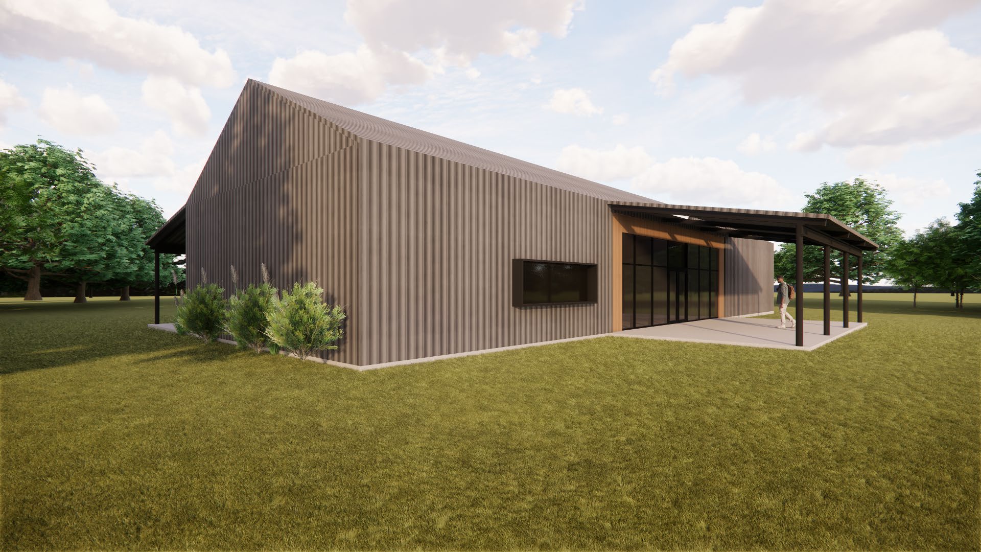 A building with a grass lawn.