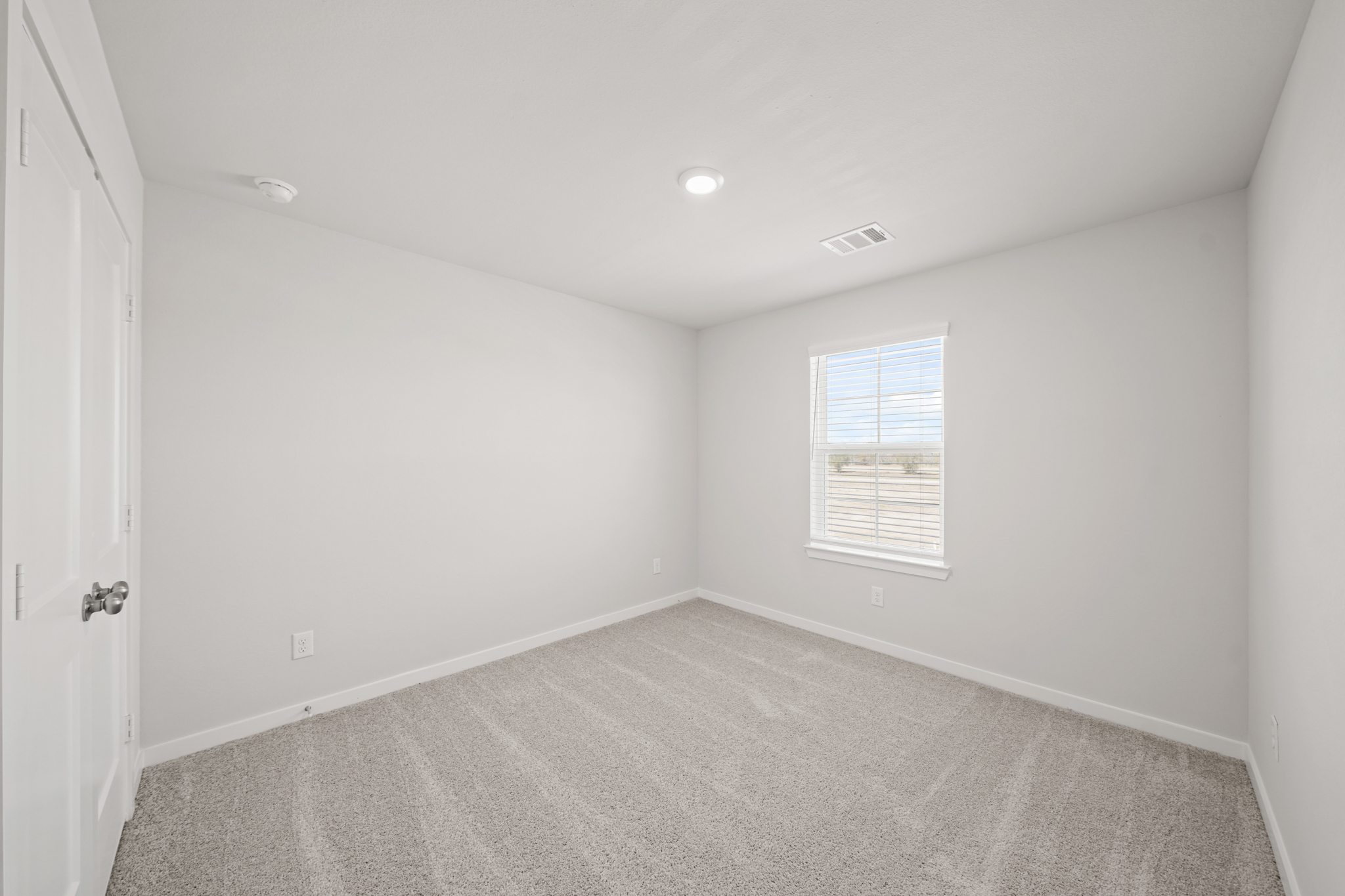 A room with a carpet and a door.