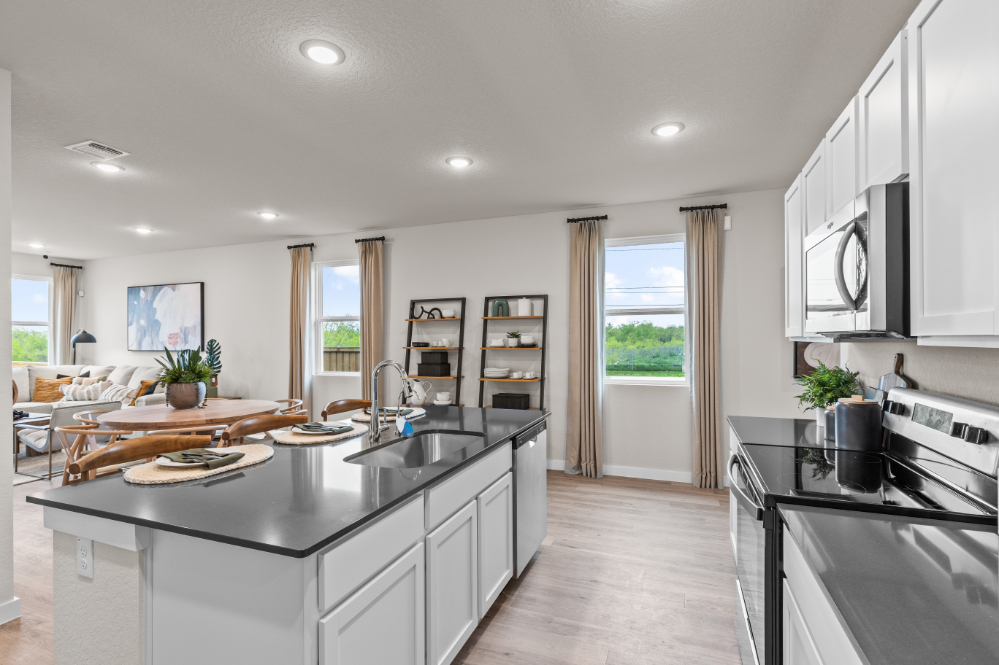 A kitchen with a large island.