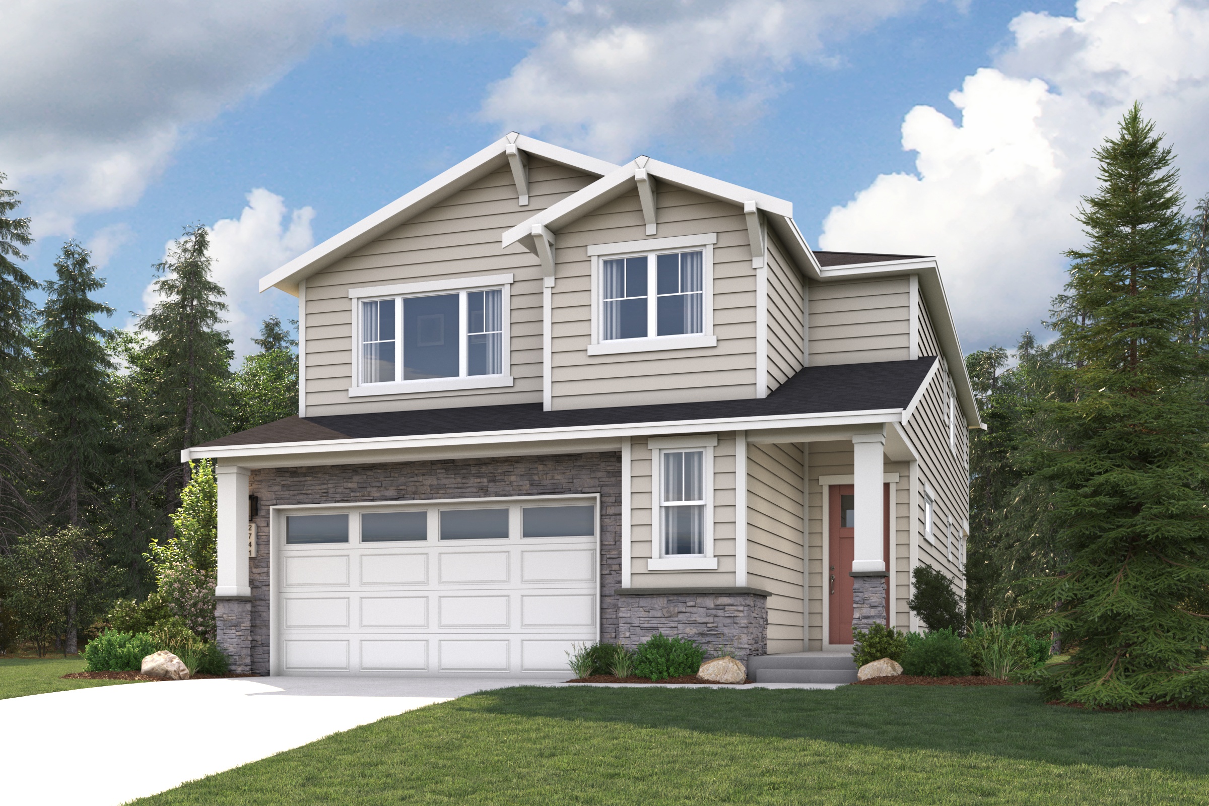 A house with a garage and trees.