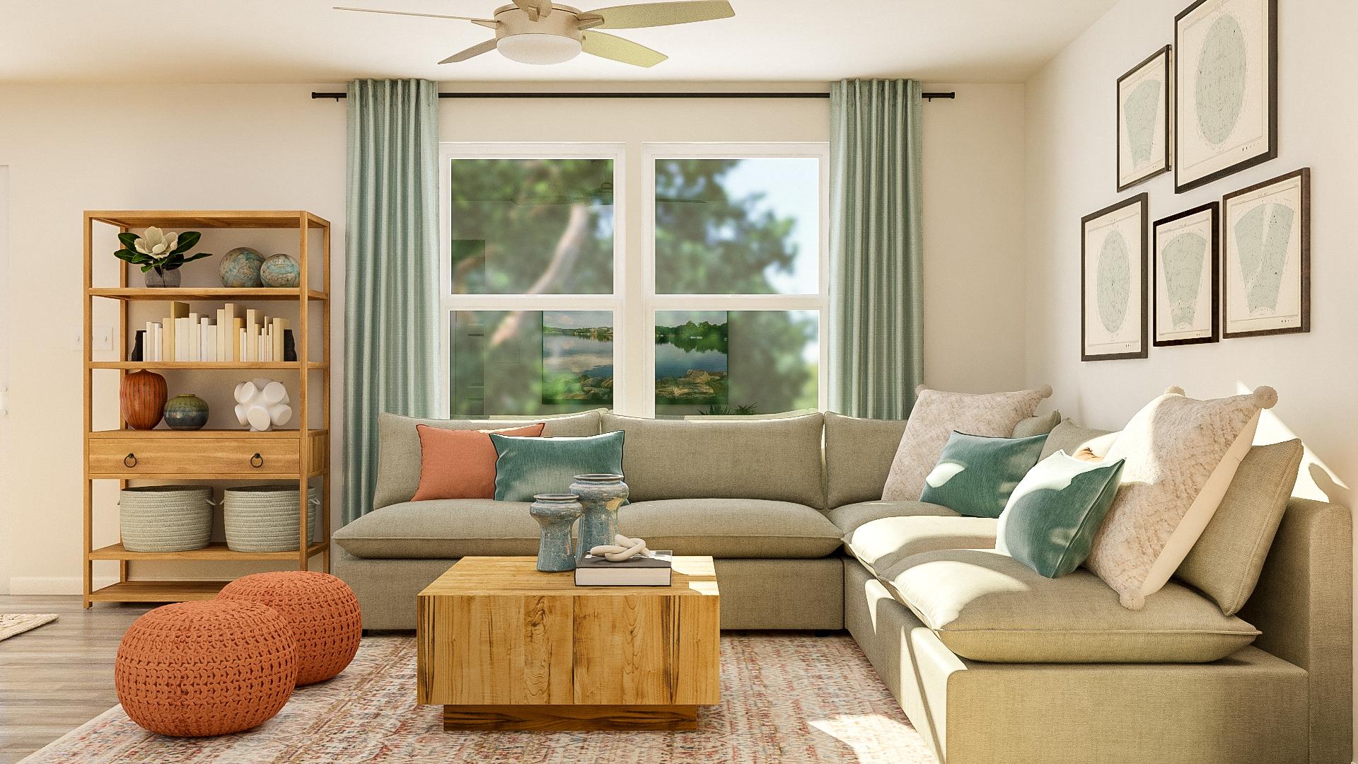 A living room with a couch and a coffee table.