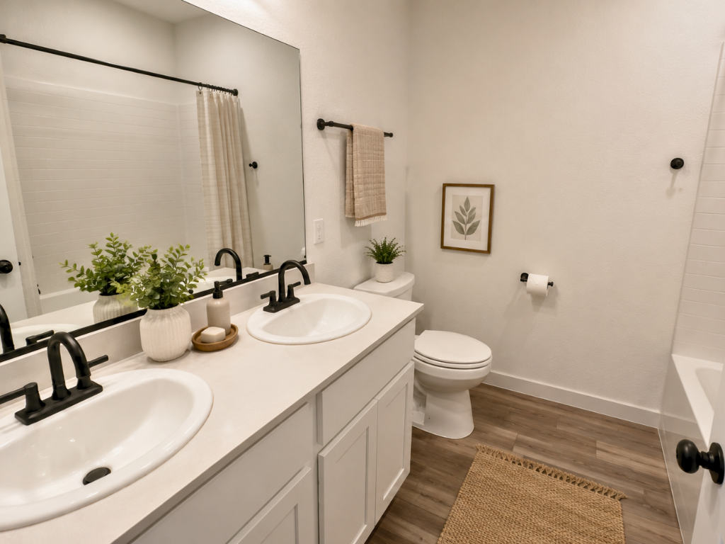 A bathroom with a sink toilet and mirror.