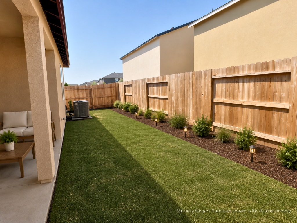 A backyard with a fence and a grass yard.